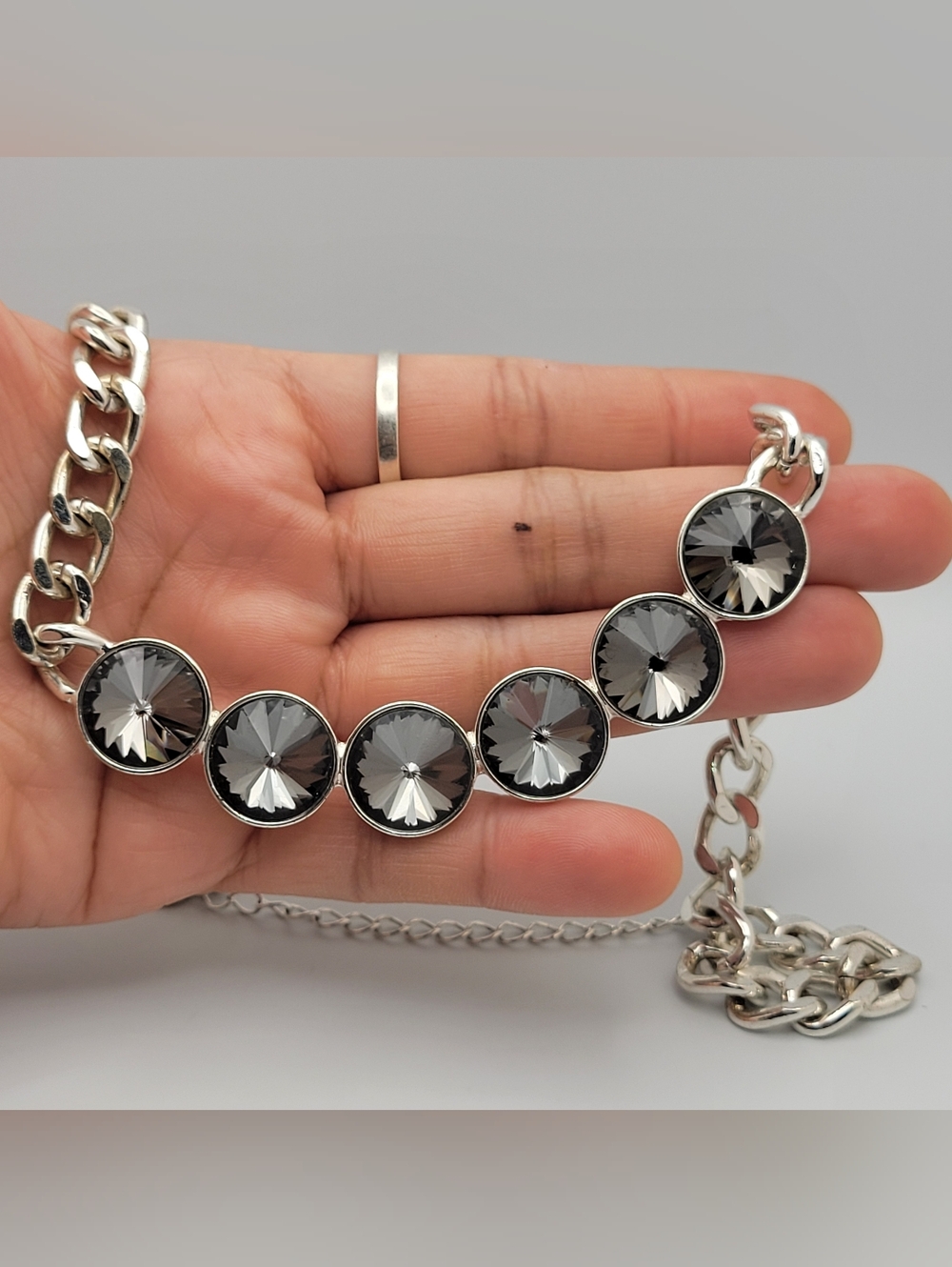 Silver-Tone Ravioli Smoky Rhinstone Crystal Station Statement Necklace